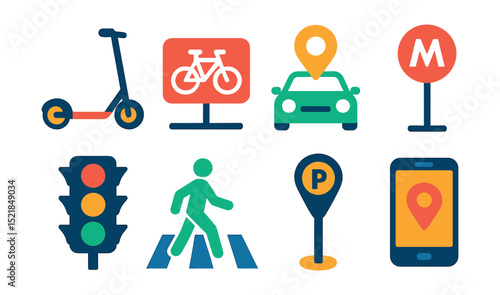 Flat vector icons of urban mobility: electric scooter, bike lane, car sharing, metro station, traffic light, pedestrian crossing, parking meter, ride-hailing app.