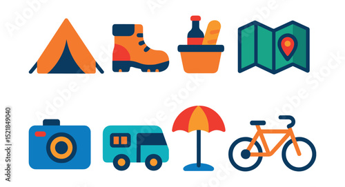 Flat vector icons of local travel & staycation: tent, hiking boots, picnic basket, map, camera, RV, beach umbrella, bicycle.