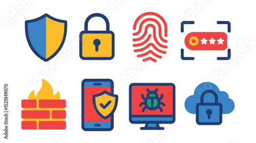 Flat vector icons of digital security: shield, padlock, fingerprint scanner, password key, firewall, two-factor authentication, antivirus software, secure cloud.