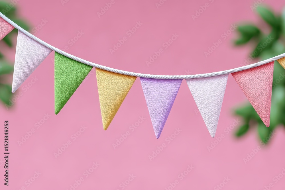 Fototapeta premium Colorful fabric bunting flags hanging against a soft pink backdrop evoke a festive atmosphere perfect for celebrations or parties enhancing joyful moments and cheerful ambiance