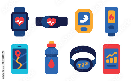 Flat vector icons of fitness tracking devices: smartwatch, heart rate monitor, pedometer, calorie counter, GPS tracker, hydration reminder, sleep monitor, fitness app.