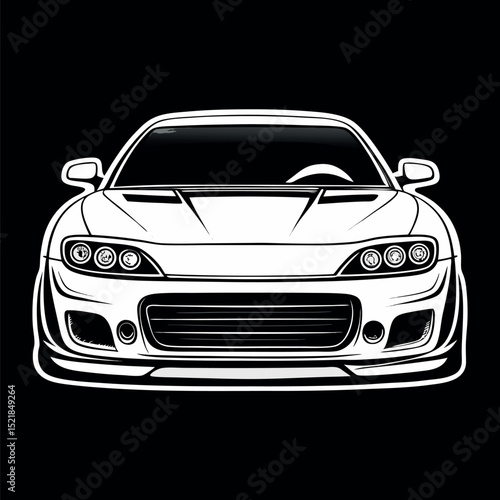 Front View Sports Car in White Line Art on Black Background