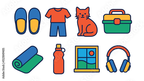 Flat vector icons of remote work lifestyle: comfy slippers, casual clothes, pet companion, lunch box, yoga mat, water bottle, window view, headphones.