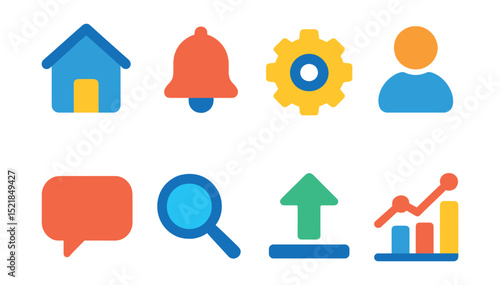 Flat vector icons of mobile app features: home screen, notification, settings gear, user profile, chat bubble, search magnifier, upload arrow, analytics chart.