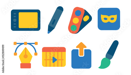 Flat vector icons of digital creativity tools: drawing tablet, stylus pen, color palette, layer mask, vector pen, animation timeline, export button, brush tool.