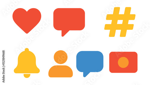 Flat vector icons of social media interactions: like button, comment bubble, share arrow, hashtag, notification bell, follower avatar, message bubble, live video.