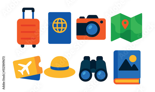 Flat vector icons of travel essentials: suitcase, passport, camera, map, airplane ticket, sunhat, binoculars, travel guidebook.