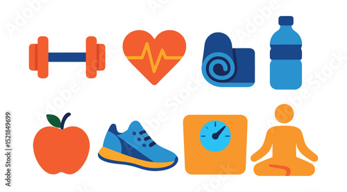 Flat vector icons of health and wellness: dumbbell, heart rate monitor, yoga mat, water bottle, apple, running shoes, scale, meditation pose.