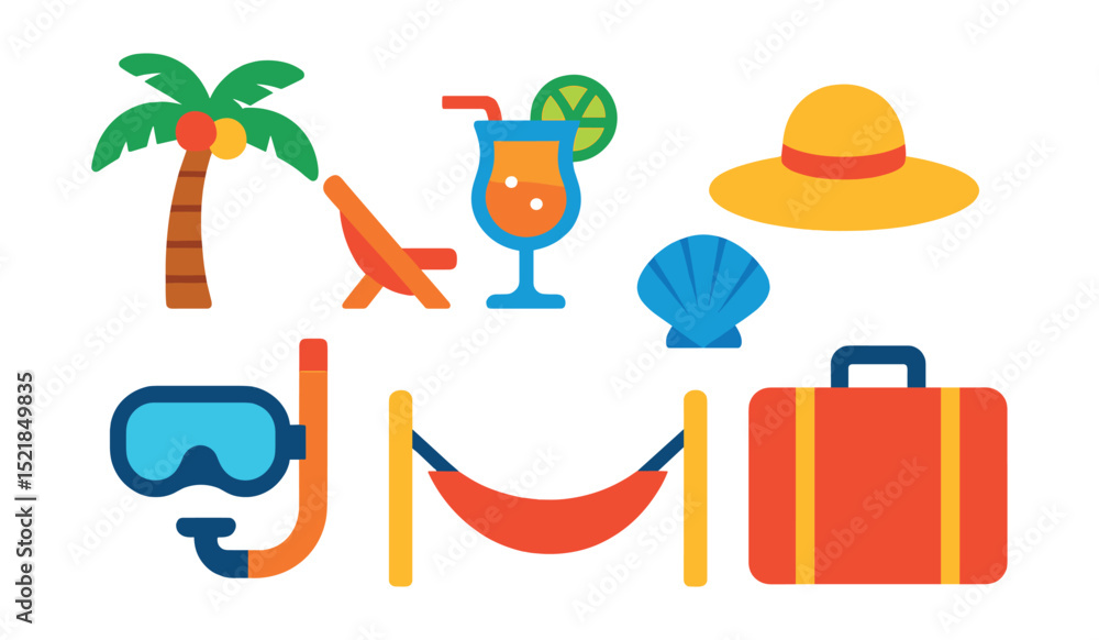 Fototapeta premium Flat vector icons of tropical vacation: palm tree, beach chair, cocktail, sun hat, snorkel mask, seashell, hammock, suitcase.