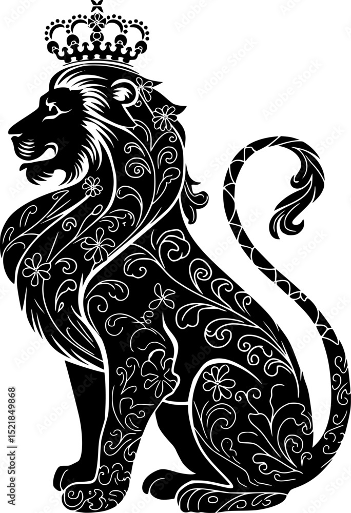Fototapeta premium king Lion with intricate floral patterns Silhouette – Black and White Fairy Tale Style Crowned King of the Jungle with Ornamental Pattern on White Background – Vintage Animal Illustration for Fantasy