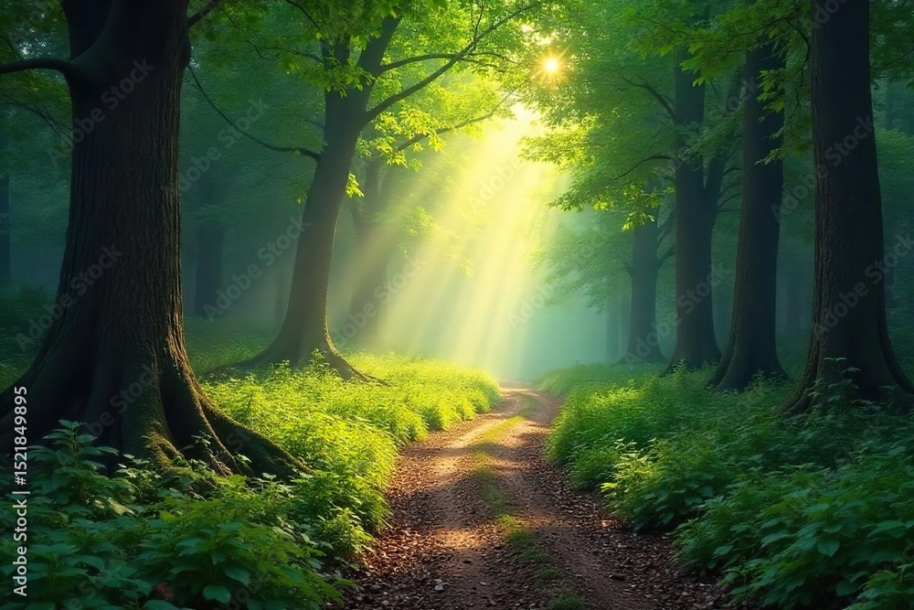 Fototapeta premium Sun-dappled forest path winding through ancient woods, sunlight filtering through leaves, creating a magical atmosphere Perfect for fantasy, nature, or fairytale themes , spring, shadow