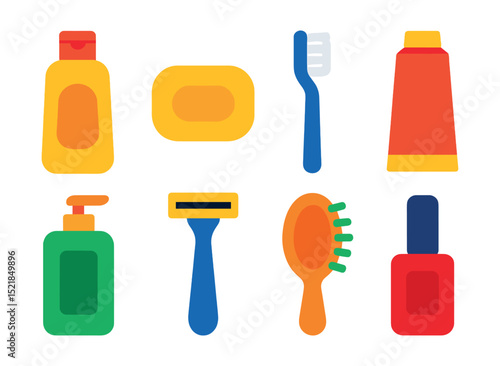 Flat vector icons of personal care products: shampoo bottle, soap bar, toothbrush, toothpaste, lotion, razor, hairbrush, nail polish.