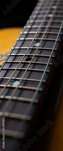 close up of a guitar's neck and frets