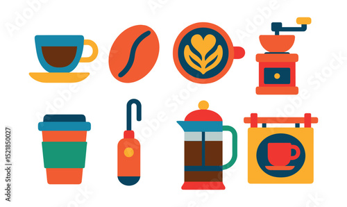 Flat vector icons of coffee culture: espresso cup, coffee bean, latte art, coffee grinder, to-go cup, milk frother, French press, coffee shop sign.