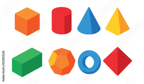 Flat vector icons of isometric shapes: cube, cylinder, cone, pyramid, prism, dodecahedron, torus, octahedron.