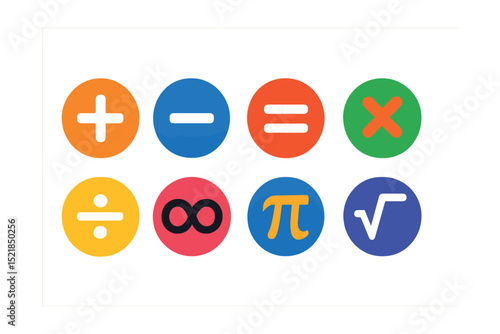 Flat vector icons of mathematical symbols: plus, minus, equal, multiplication, division, infinity, pi, square root.