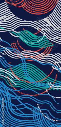 Hand drawn colorful brush lines abstract sun, clouds, mountains and ocean landscape pattern, Japanese and ethnic wood carving, weaving texture background, irregular and creative graphic for textile