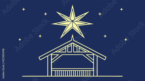 Simple outlined vector nativity icon with guiding star and celestial elements in a blue background