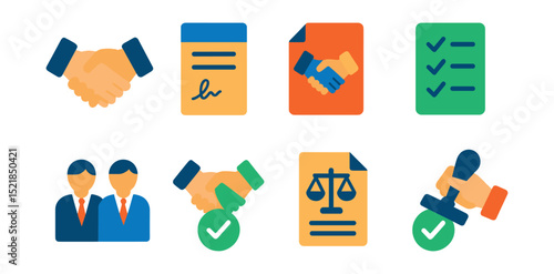 Flat vector icons of negotiation and deals: shaking hands, signed contract, agreement file, terms checklist, business partners, closing deal, legal document, stamp approval.