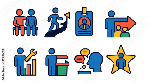 Flat vector icons of leadership development: mentoring icon, leadership path, executive badge, team direction, skill training, public speaking, decision making, leader star.