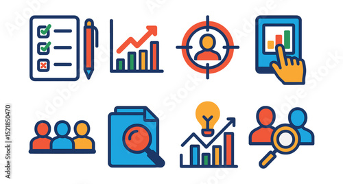 Flat vector icons of market research: survey form, market trends, target group, data collection, focus group, research file, insights chart, competitor analysis.