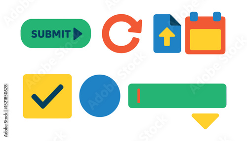 Flat vector icons of form buttons: submit button, reset button, upload file icon, date picker, checkbox, radio button, text input, dropdown arrow.