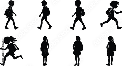 Silhouettes of 8 School Kids isolated on a transparent background
