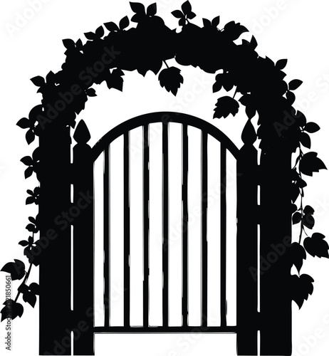Silhouette of Ivy Draping Garden Gate, Ivy Growing Over Rustic Gate