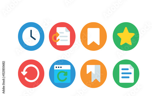 Flat vector icons of internet history and bookmarks in circular style: clock icon, recent pages, save to bookmarks, favorite star, history log, session restore, bookmark manager, reading list.
