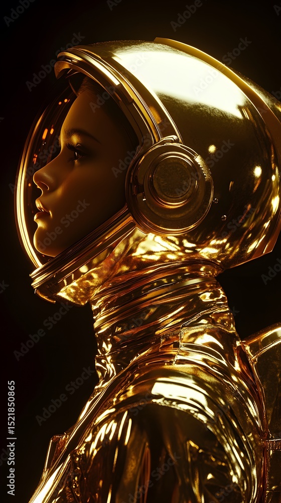 Fototapeta premium Golden astronaut profile against a black background.