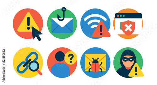 Flat vector icons of internet safety tips in circular style: don’t click warning, phishing email, public Wi-Fi alert, fake site icon, suspicious link, unknown sender, suspicious attachment, identity