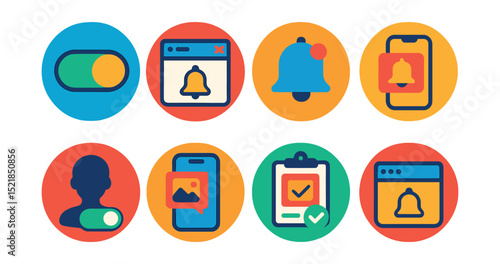 Flat vector icons of push notification tools in circular style: enable alerts, push permission, bell icon, real-time update, user opt-in, push content, delivery report, popup push.