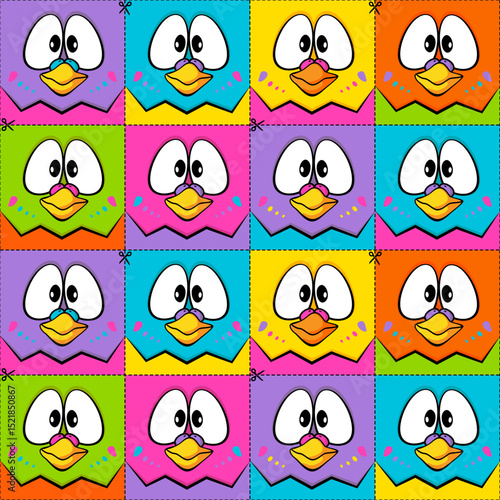Funny parrots big face pattern. Сolorful budgies squares design for cover, wrapping, fabric, textile