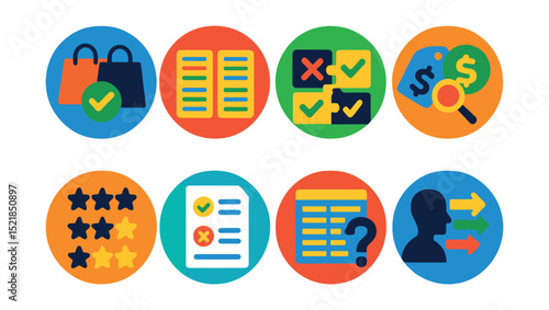 Flat vector icons of digital comparison tools in circular style: compare products, side-by-side view, feature match, price comparison, user rating grid, pros and cons, spec table, decision help.