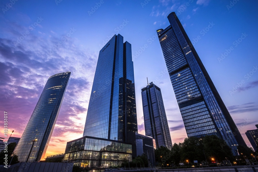 Fototapeta premium Soaring Modern Skyscrapers with Sleek Glass Facades Against a Clear Blue Sky, Embodying Corporate Power and Urban Development