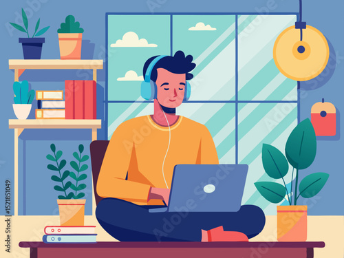 Young remote worker wearing headphones focused on laptop in modern coworking space