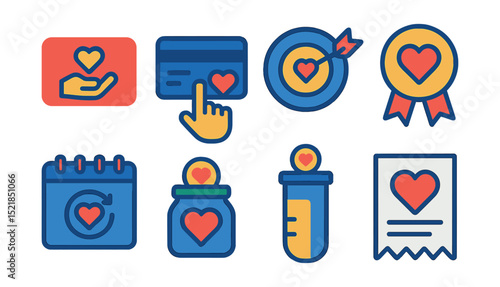 Flat vector icons of online donations and support: donate button, payment icon, fundraising goal, supporter badge, recurring donation, tip jar, funding progress, donation receipt.