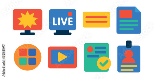 Flat vector icons of online news platforms: breaking news icon, live update, headline ticker, article preview, news category, video news, news subscription, journalist badge.