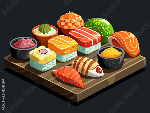vector of A selection of premium omakase sushi on a black slate with dramatic side lighting highlights colors and textures.