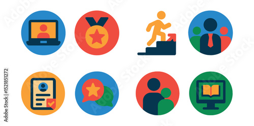 Flat vector icons of professional development in circular style: online course, skill badge, promotion path, leadership icon, performance review, feedback loop, mentorship program, learning portal.