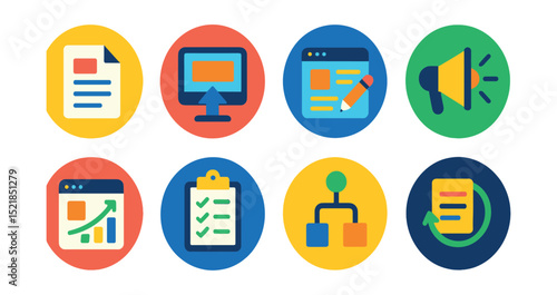 Flat vector icons of content marketing tools in circular style: content brief, publishing tool, blog editor, distribution icon, article stats, content tracker, campaign flow, repurpose icon.