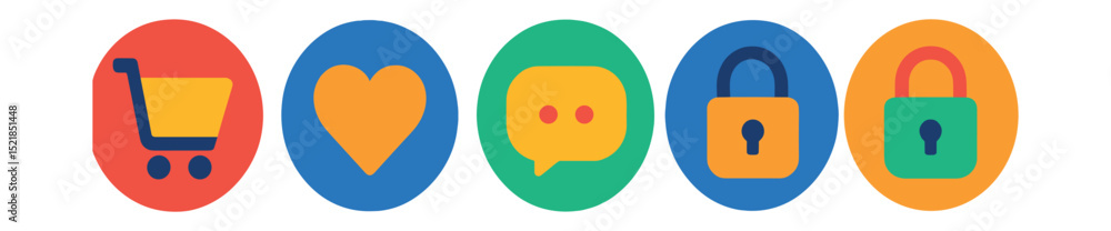 Fototapeta premium Flat vector icons of digital commerce tools in circular style: shopping cart, wishlist heart, chat bubble, secure lock, unlock access.