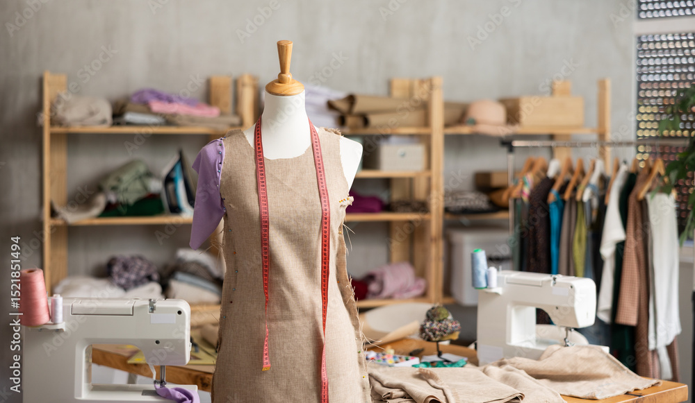 Obraz premium Mannequin with pinned unfinished linen dress and measuring tape in sewing studio, surrounded by fabric shelves, garment rack, and sewing tools, capturing creative tailoring atmosphere..
