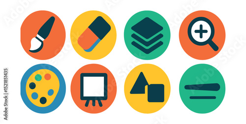 Flat vector icons of mobile art and drawing apps in circular style: paint brush, color palette, eraser tool, layer stack, zoom tool, canvas icon, shape tool, stroke width.