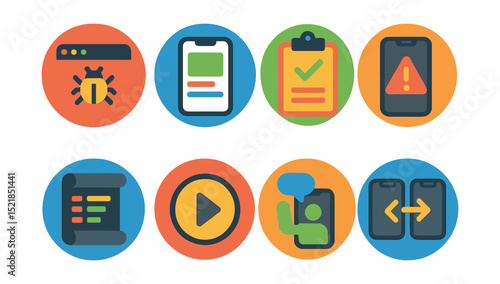 Flat vector icons of mobile developer tools in circular style: debug console, emulator screen, build status, crash report, log viewer, compile button, app tester, code sync.