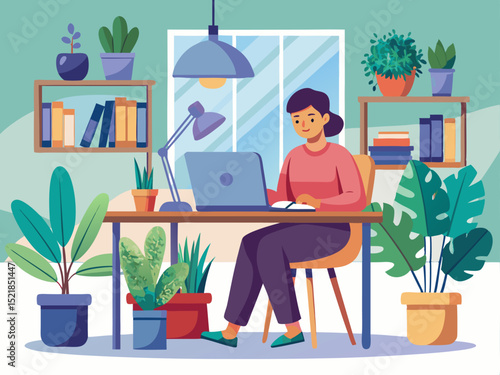 Focused young professional working remotely on laptop wearing headphones in modern coworking space