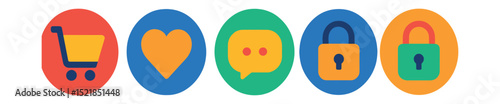 Flat vector icons of digital commerce tools in circular style: shopping cart, wishlist heart, chat bubble, secure lock, unlock access.