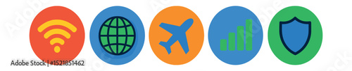 Flat vector icons of internet status in circular style: wifi signal, globe internet, airplane mode, mobile signal, vpn shield.