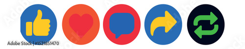 Flat vector icons of social engagement in circular style: like thumb, heart react, comment bubble, reply arrow, repost loop.