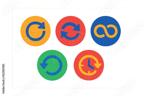 Flat vector icons of refresh and sync in circular style: refresh icon, sync arrows, loop symbol, history clock, restore icon.